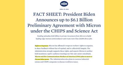 Image of White House Fact Sheet Announcing Micron CHIPS Award