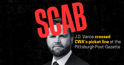 Photo of JD Vance with the word SCAB.