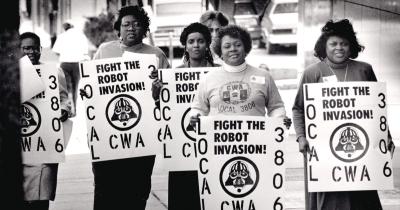 1991 photo of CWA Local 3806 members marching for Operator Awareness Week in Memphis