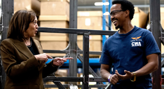 Vice President Kamala Harris meets with New Flyer workers.