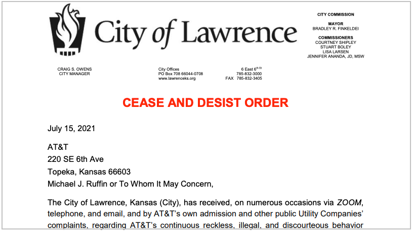 City of Lawrence issues cease and desist order to AT&T, citing ‘reckless behavior’