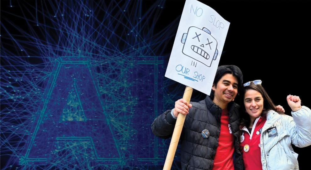 two CWA members rally against the use of artificial intelligence